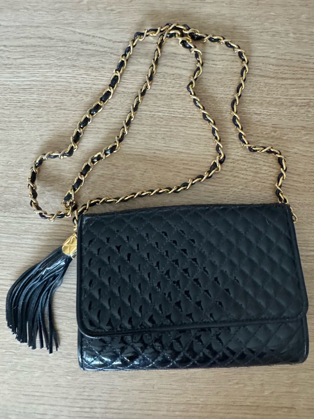 Vintage Quilted Black Leather Crossbody with Gold Chain and Tassel